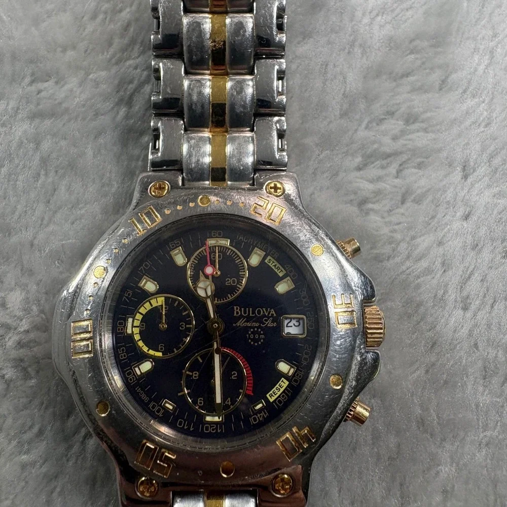 Bulova Marine Star Watch Men OS60 Blue Dial Silver Gold Chronograph Tachymeter